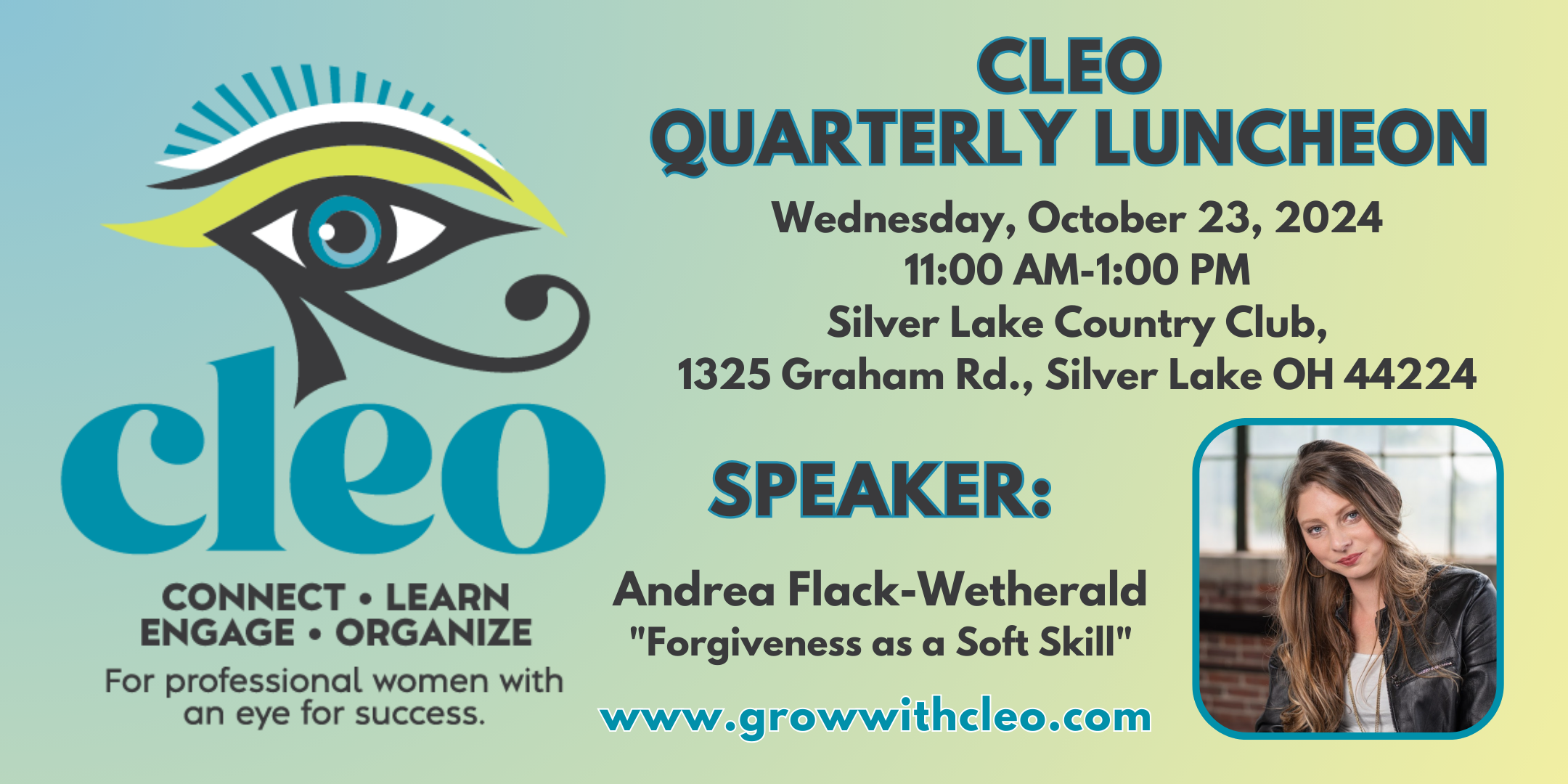 October Quarterly Luncheon - Andrea Flack speaker. Event is October 23, 2024 from 11 - 1:00 pm.